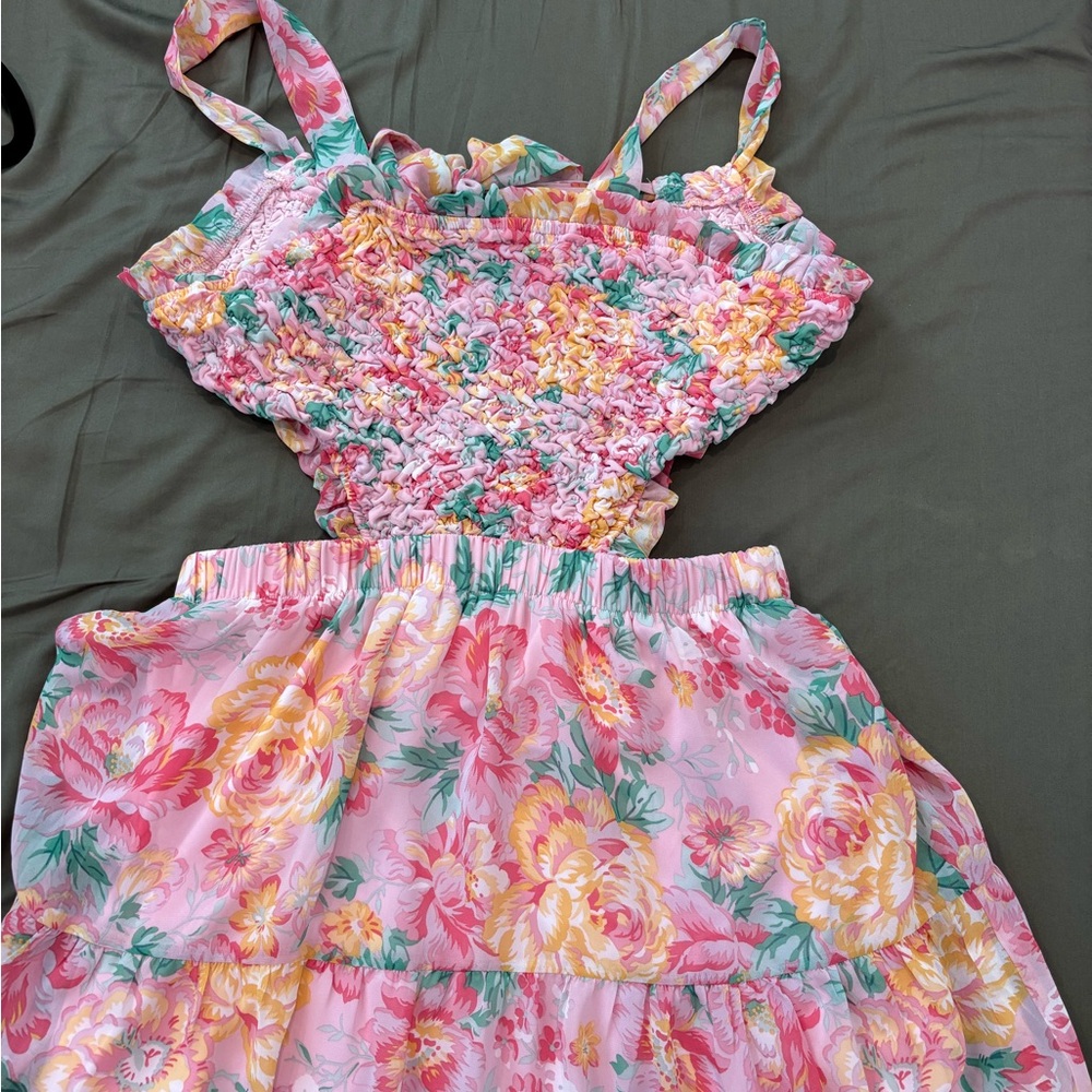 Listicle Pink Floral Smocked Maxi Dress with Cut Outs